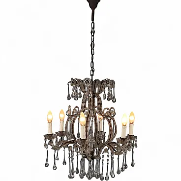 Lampadario in metallo brunito e vetro, fine '800