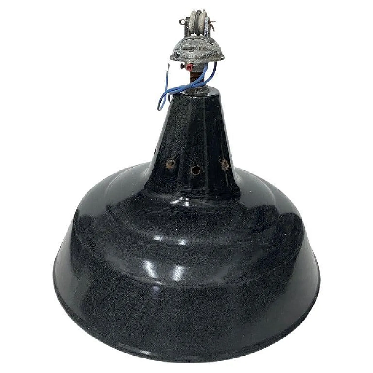 3 Industrial black painted metal pendants, 1930s 1