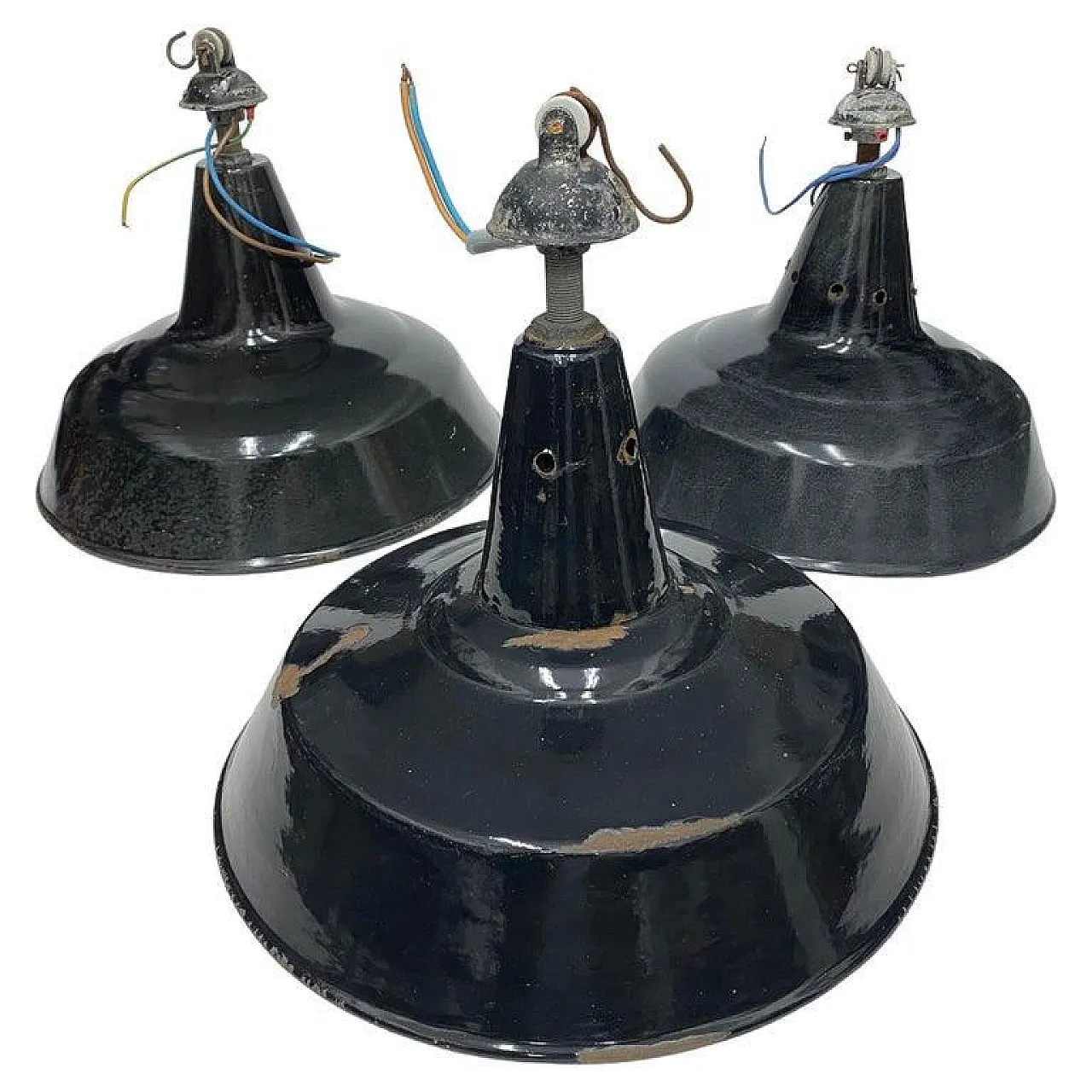 3 Industrial black painted metal pendants, 1930s 2