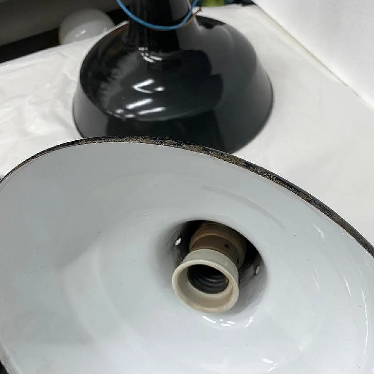 3 Industrial black painted metal pendants, 1930s 4