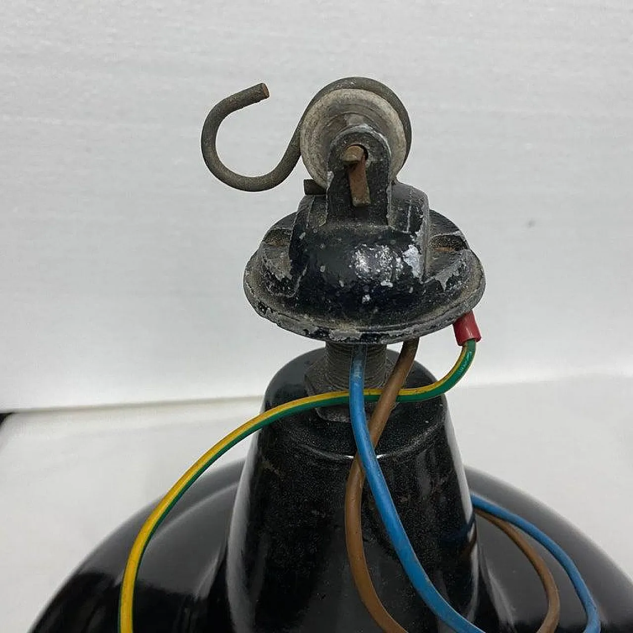 3 Industrial black painted metal pendants, 1930s 5