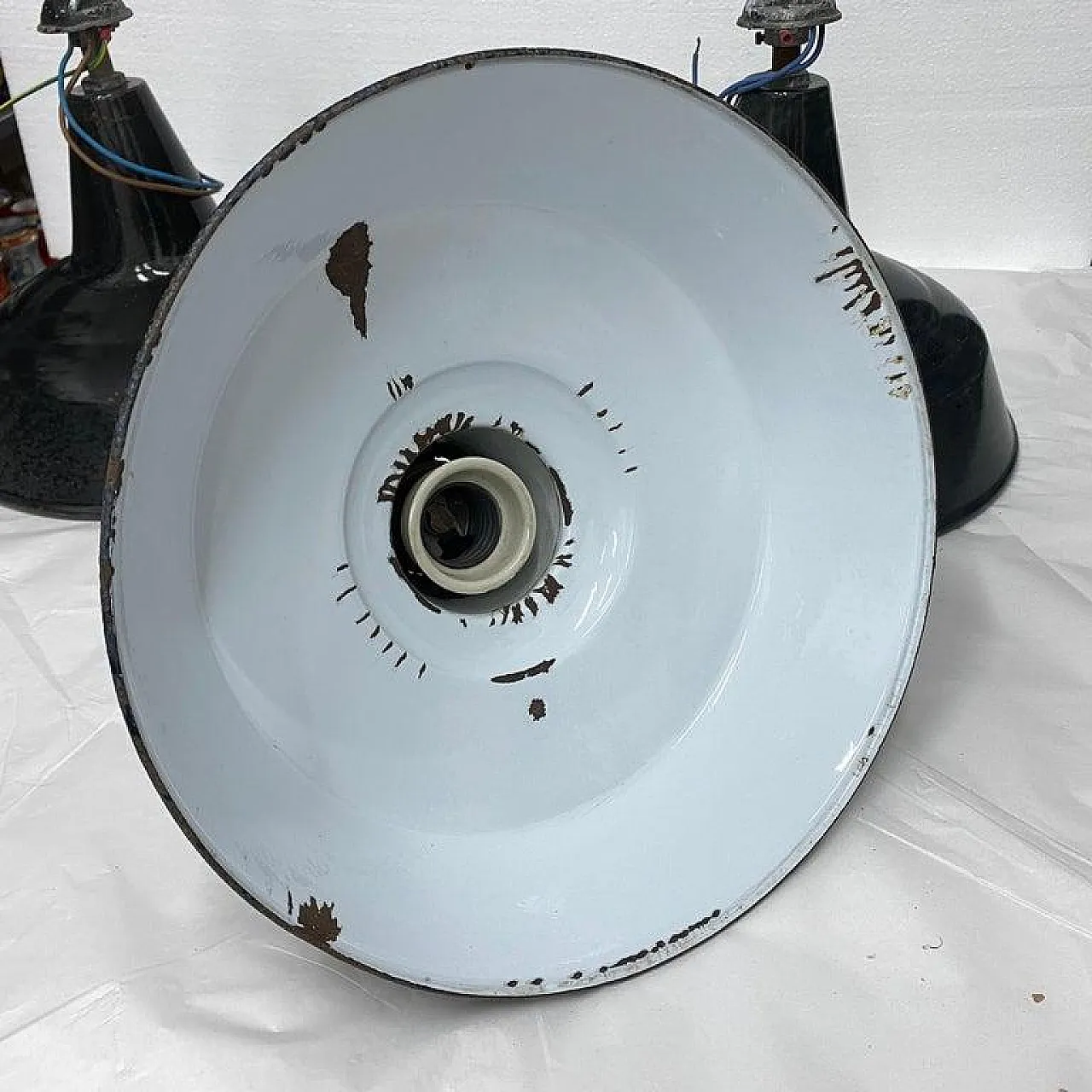 3 Industrial black painted metal pendants, 1930s 7