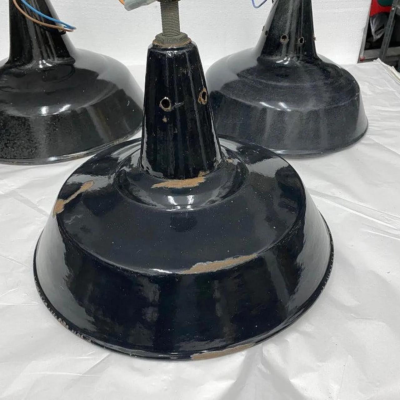 3 Industrial black painted metal pendants, 1930s 8