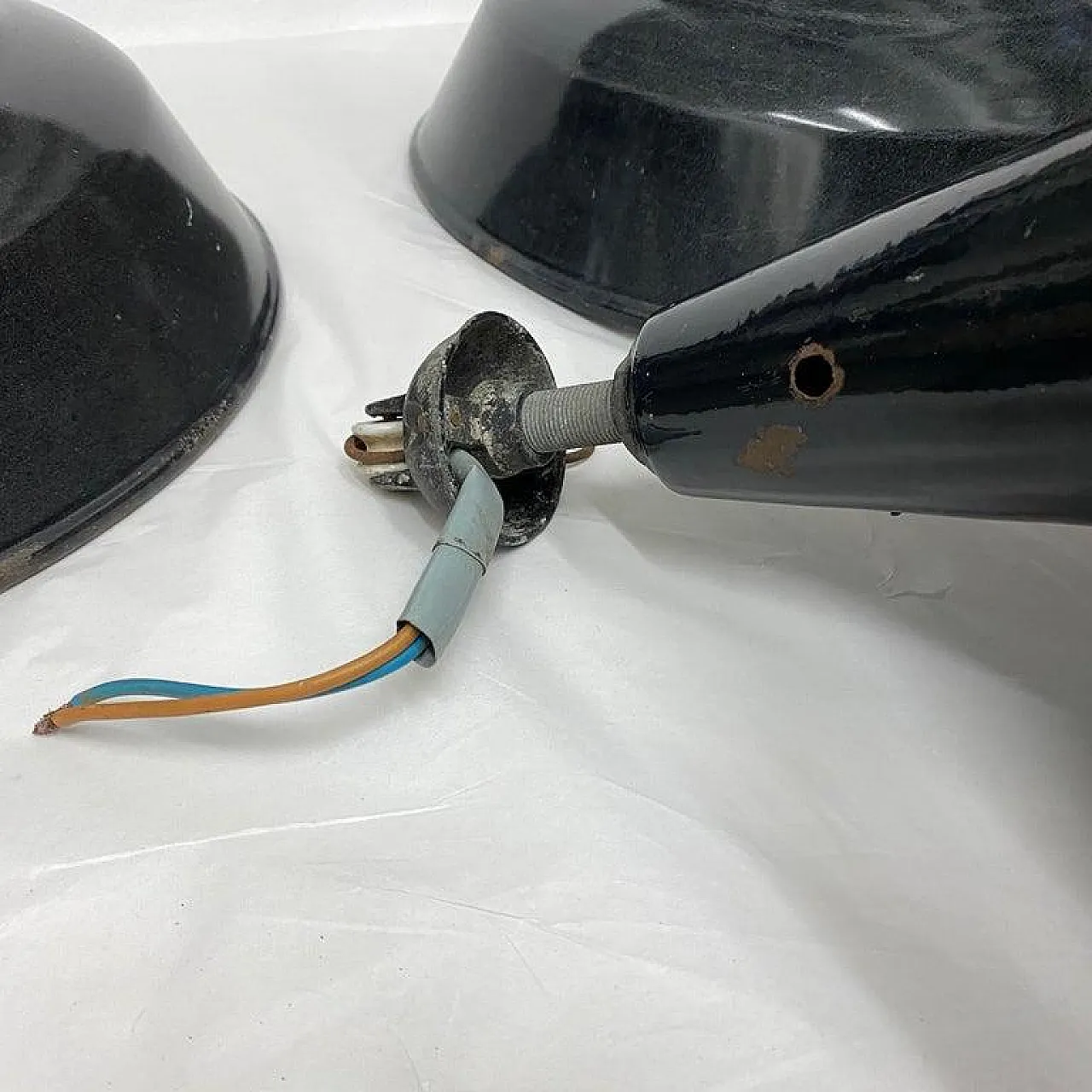 3 Industrial black painted metal pendants, 1930s 10