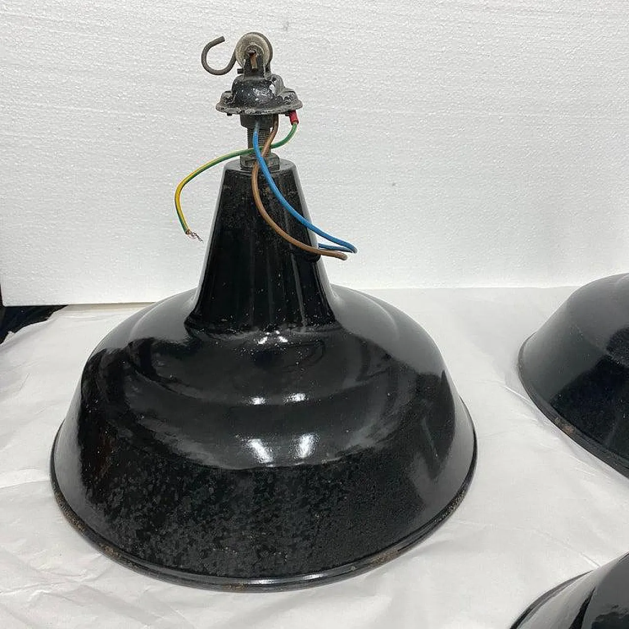 3 Industrial black painted metal pendants, 1930s 11