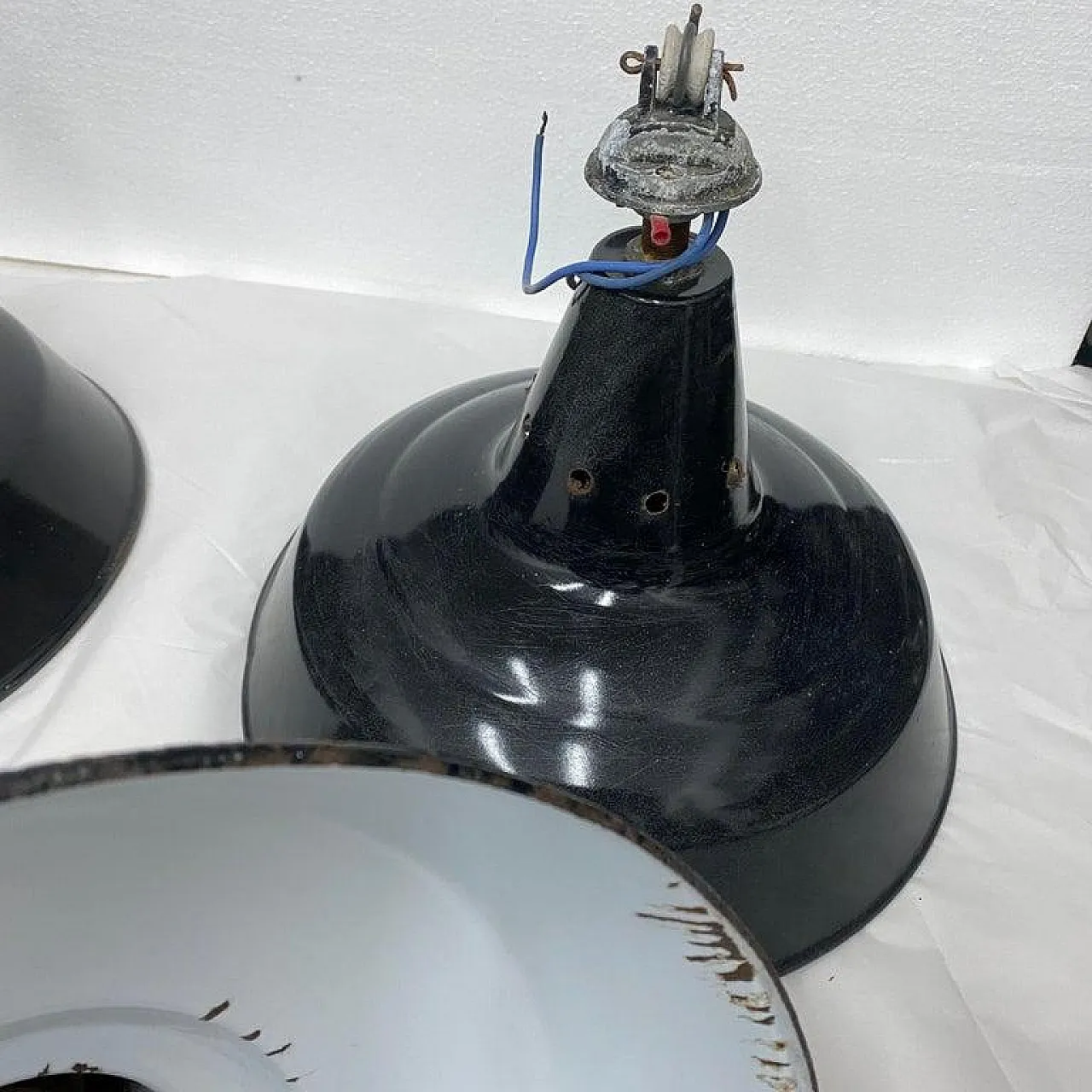 3 Industrial black painted metal pendants, 1930s 15