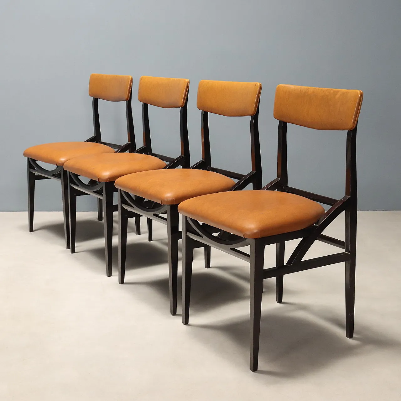 8 Dyed Beech Wood Chairs and Vinyl Seat and Backrests, 20th century 4