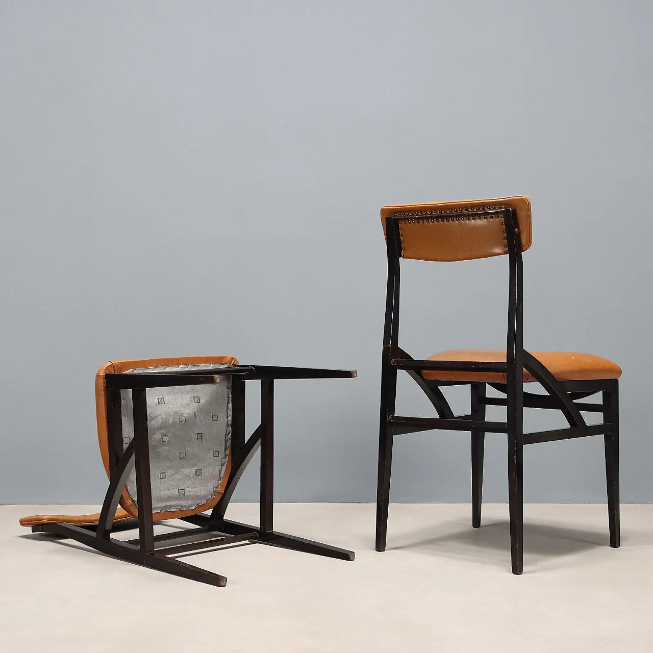 8 Dyed Beech Wood Chairs and Vinyl Seat and Backrests, 20th century 10
