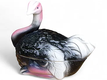 Ostrich Pate Dish Faience Terrine Pink, White and Black 70s