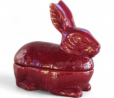 Rabbit Pate Dish Faience Terrine in Red with Gilded accents. 70s