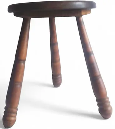 Rustic Tripod Milking Stool, Turned Wood, Round Seat Spindle Legs. 60s
