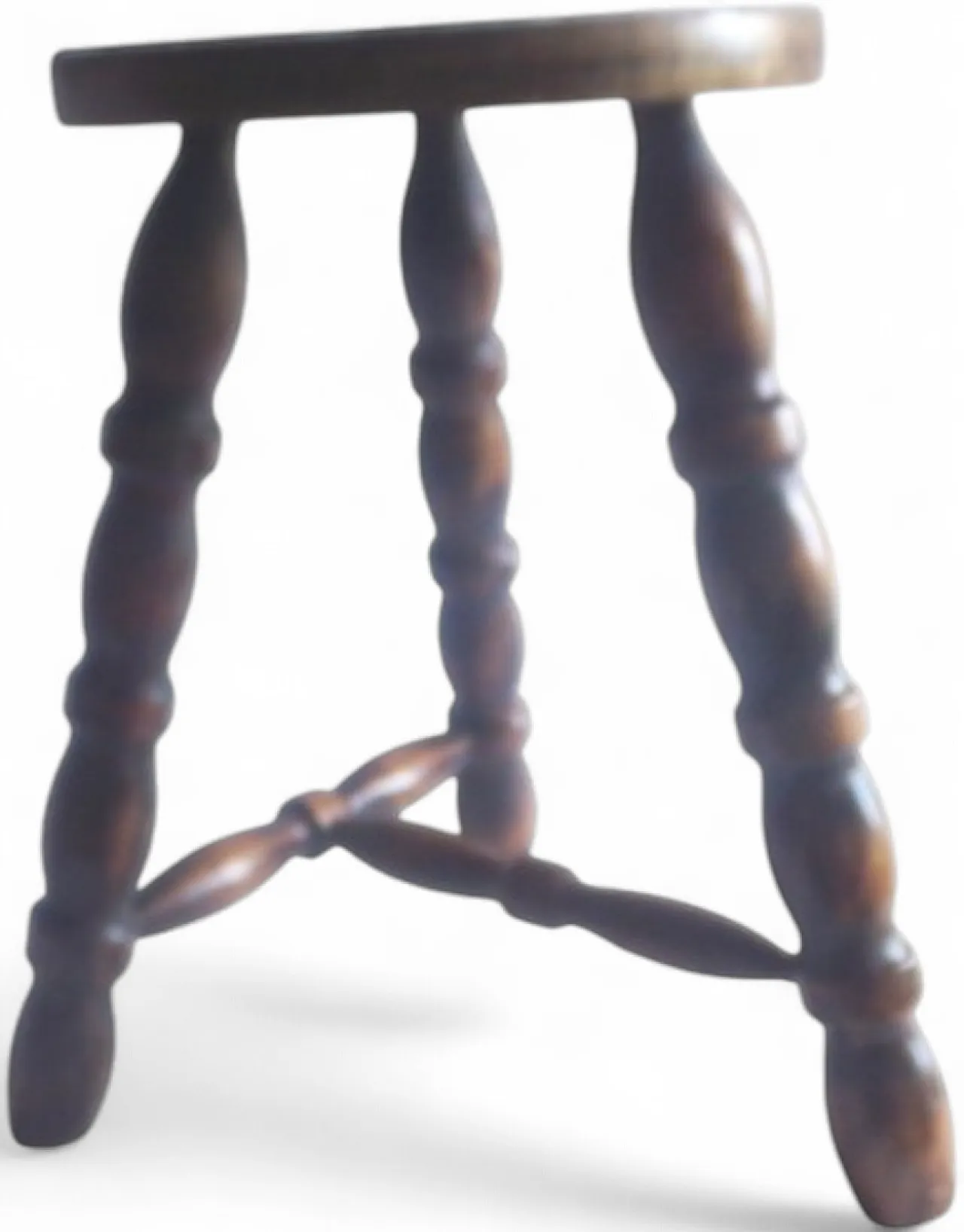 Tripod Milking Stool, Turned Wood with 3 Braced Bobbin Legs. 60s 4