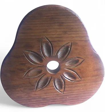 Tripod Milking Stool,  Seat with hand-carved flower petal motif. 60s