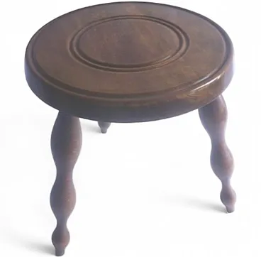 Elegant milking stool, Turned Wood round seat with 3 spindly legs. 60s