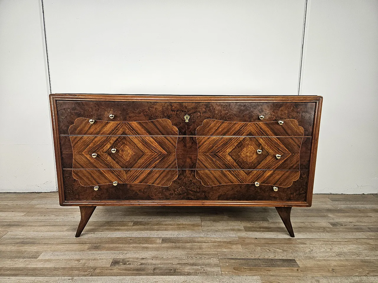 Art Deco chest of drawers in briar with black glass, 1950s 1