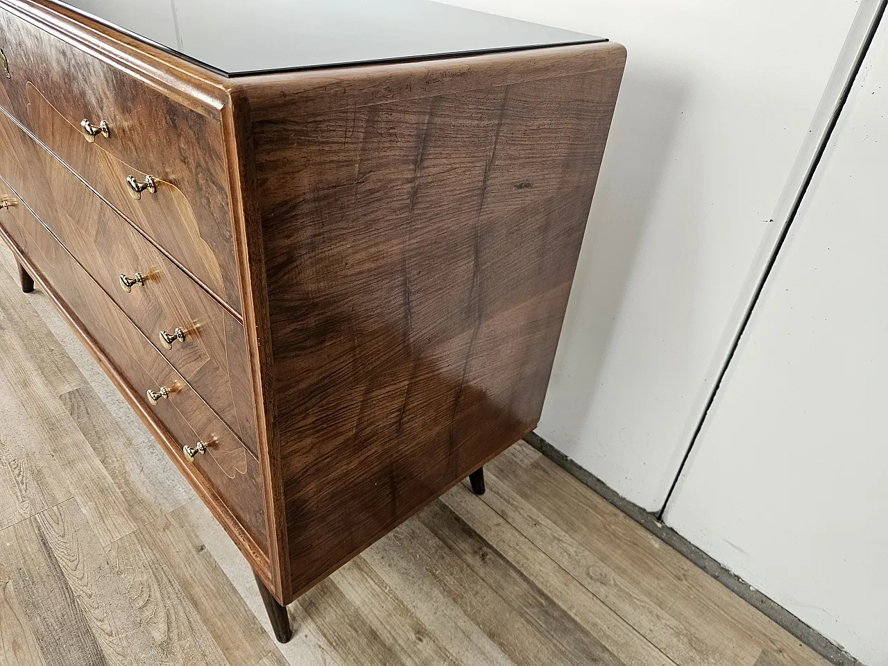 Art Deco chest of drawers in briar with black glass, 1950s 4