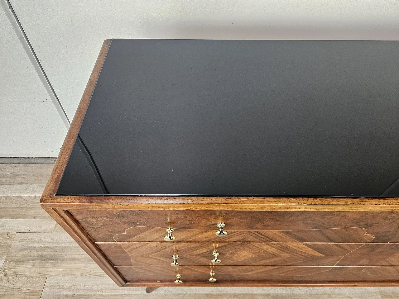 Art Deco chest of drawers in briar with black glass, 1950s 5