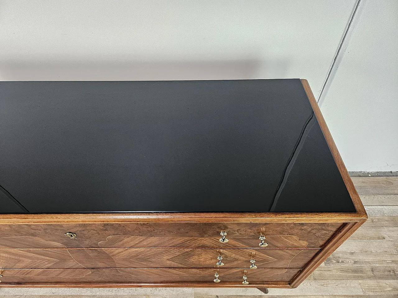 Art Deco chest of drawers in briar with black glass, 1950s 6