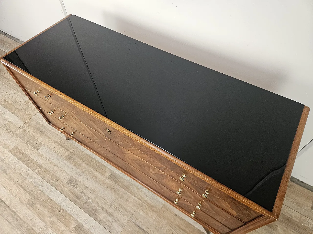 Art Deco chest of drawers in briar with black glass, 1950s 7