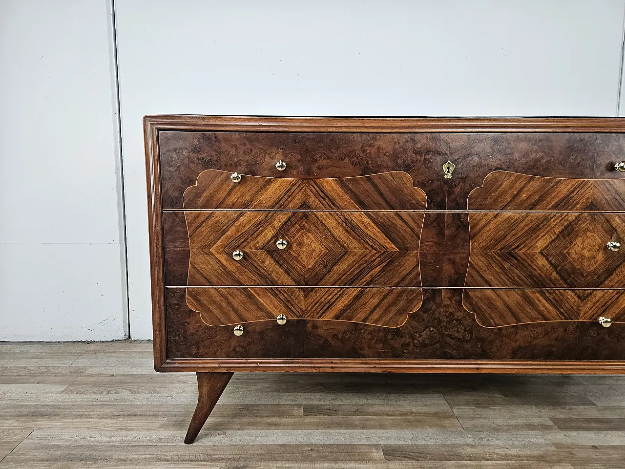 Art Deco chest of drawers in briar with black glass, 1950s 9