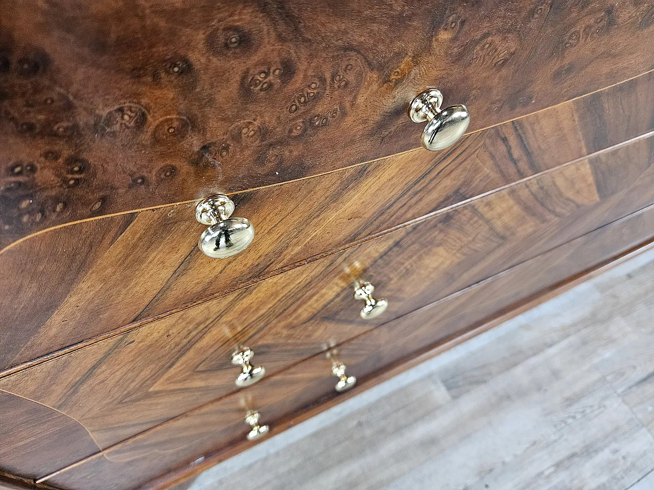 Art Deco chest of drawers in briar with black glass, 1950s 10