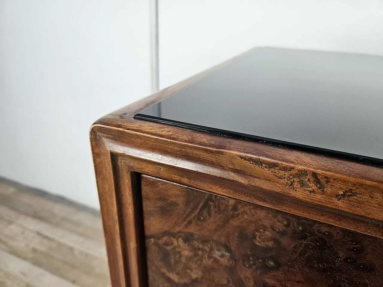 Art Deco chest of drawers in briar with black glass, 1950s 12
