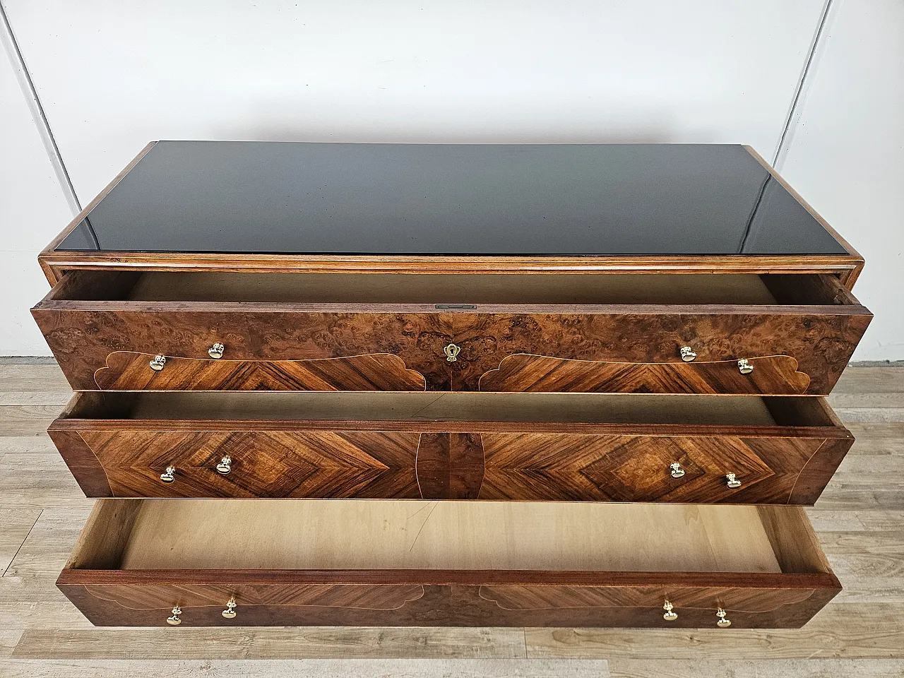 Art Deco chest of drawers in briar with black glass, 1950s 13