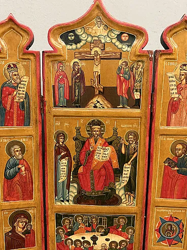Painted Russian travel icon with painted saints, 20th century