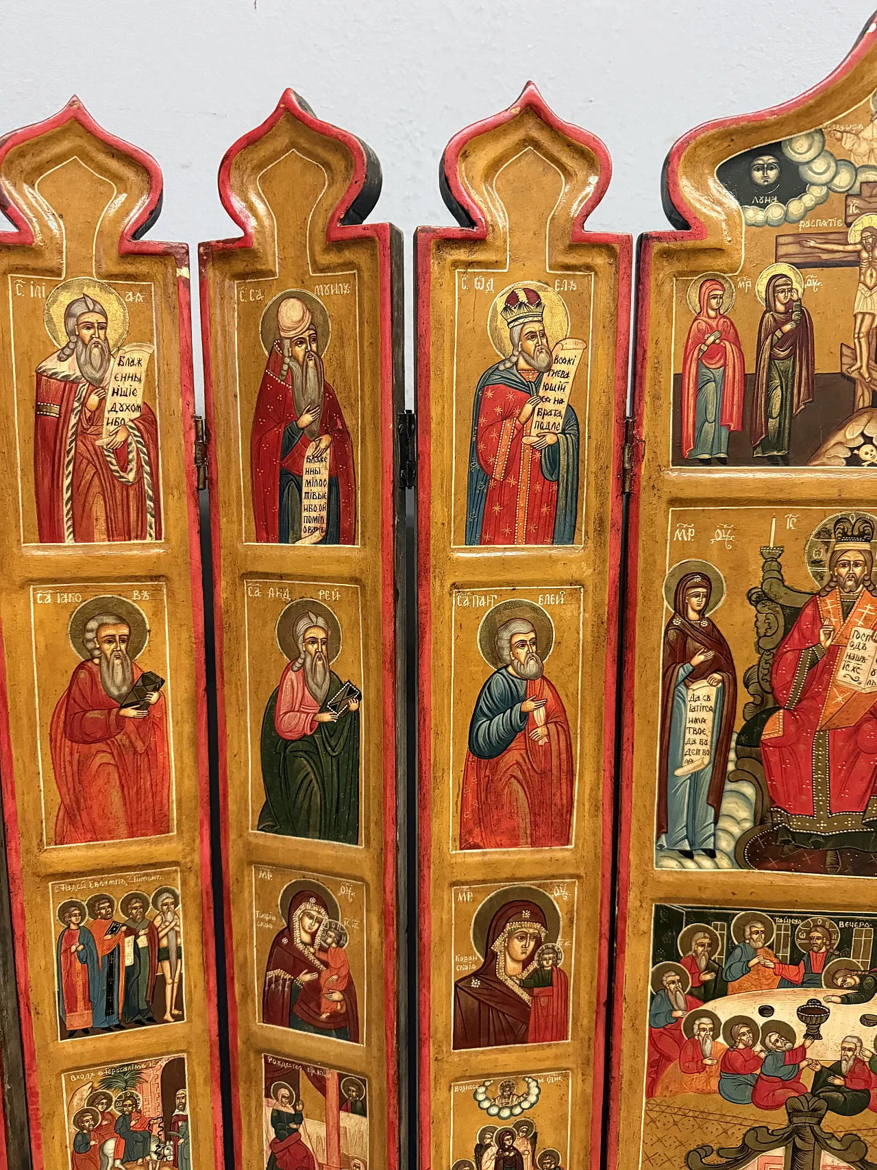 Painted Russian travel icon with painted saints, 20th century 3