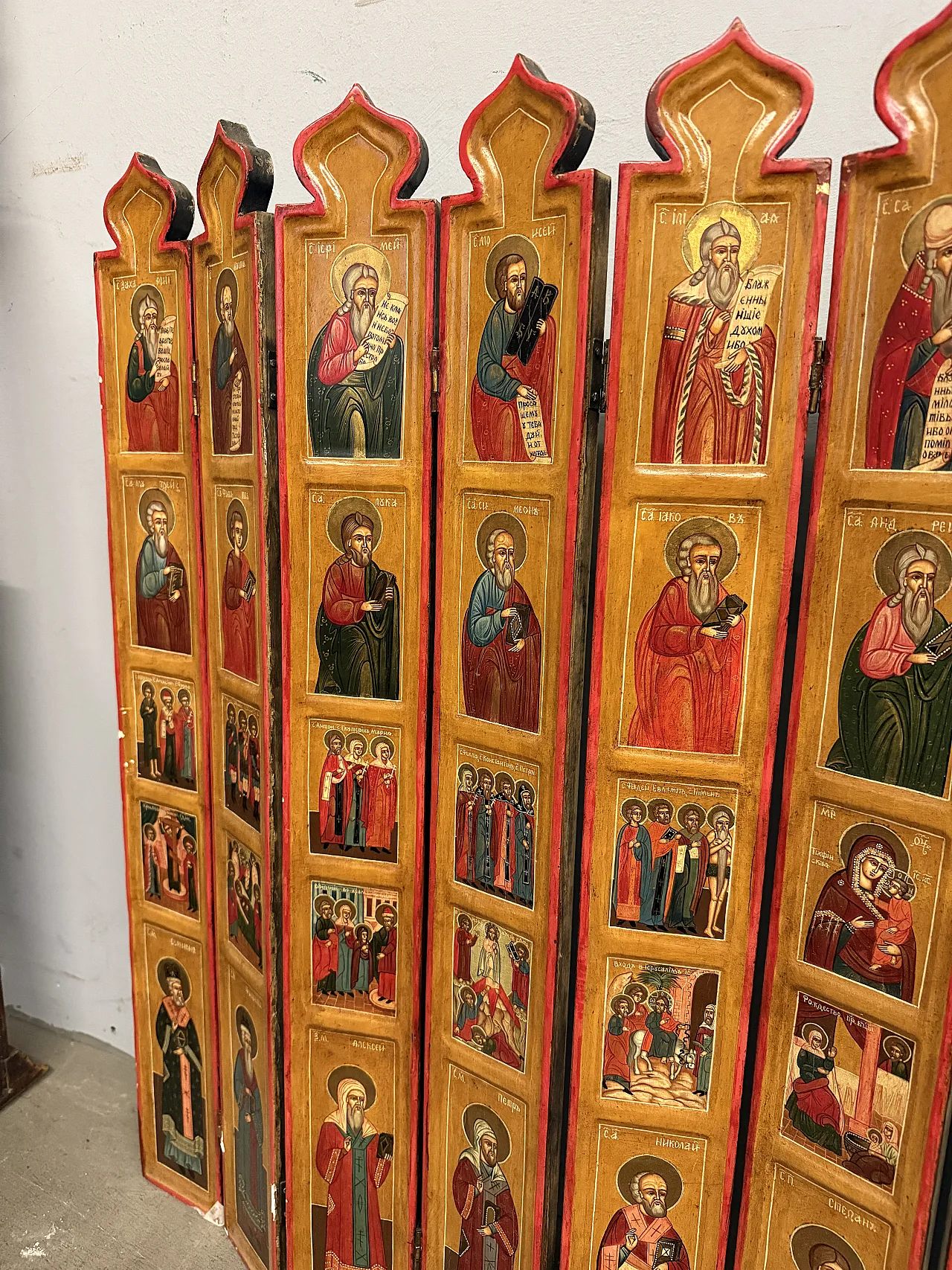 Painted Russian travel icon with painted saints, 20th century 4