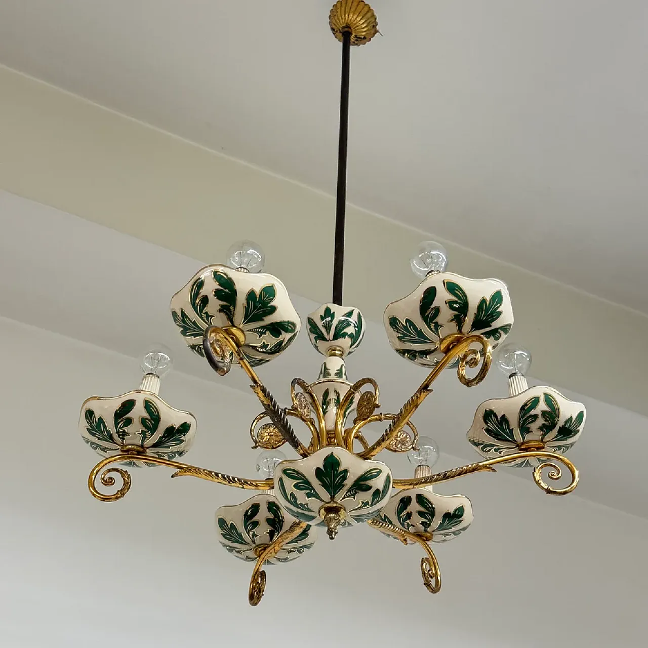Floral ceramic and brass chandelier, 1950s 1