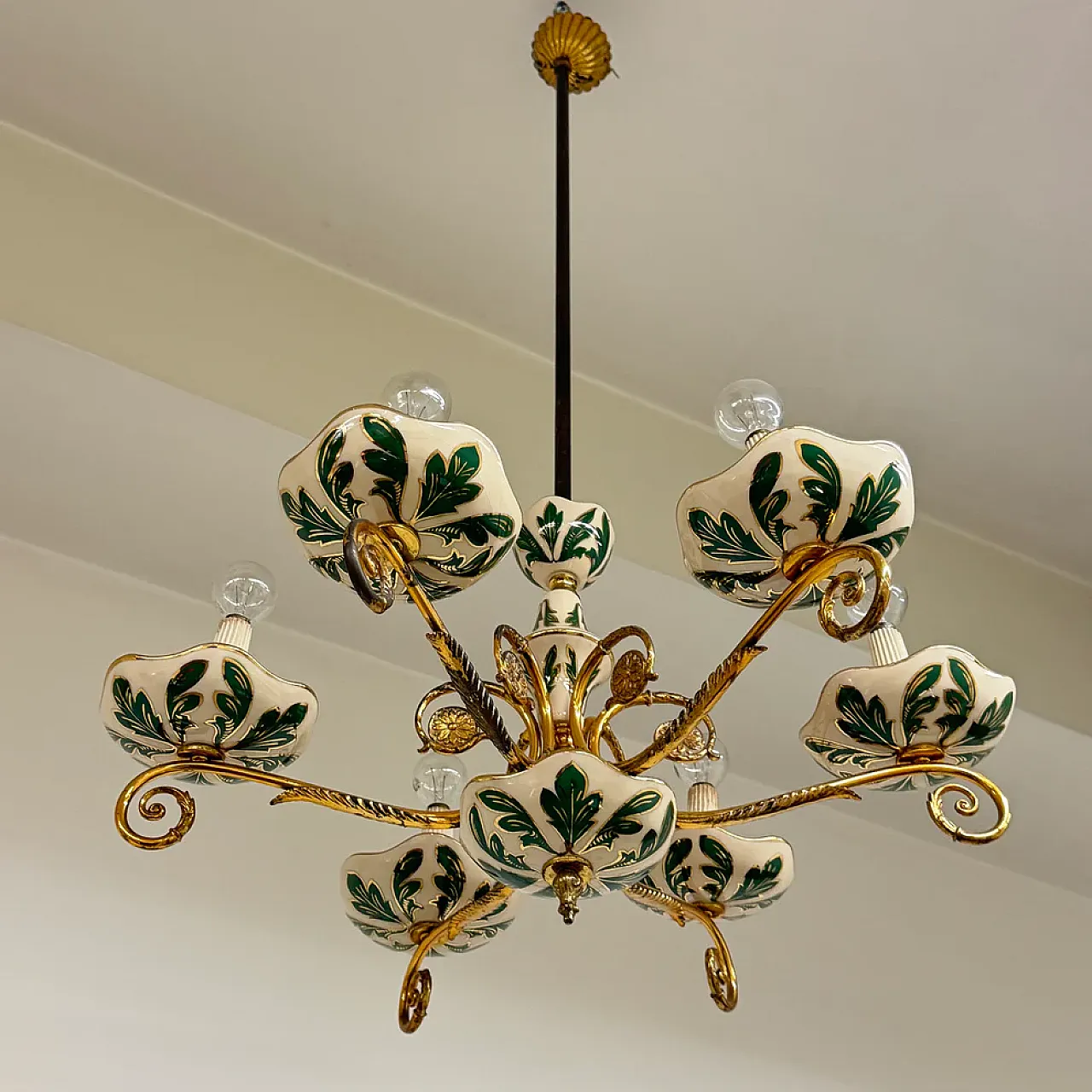 Floral ceramic and brass chandelier, 1950s 2