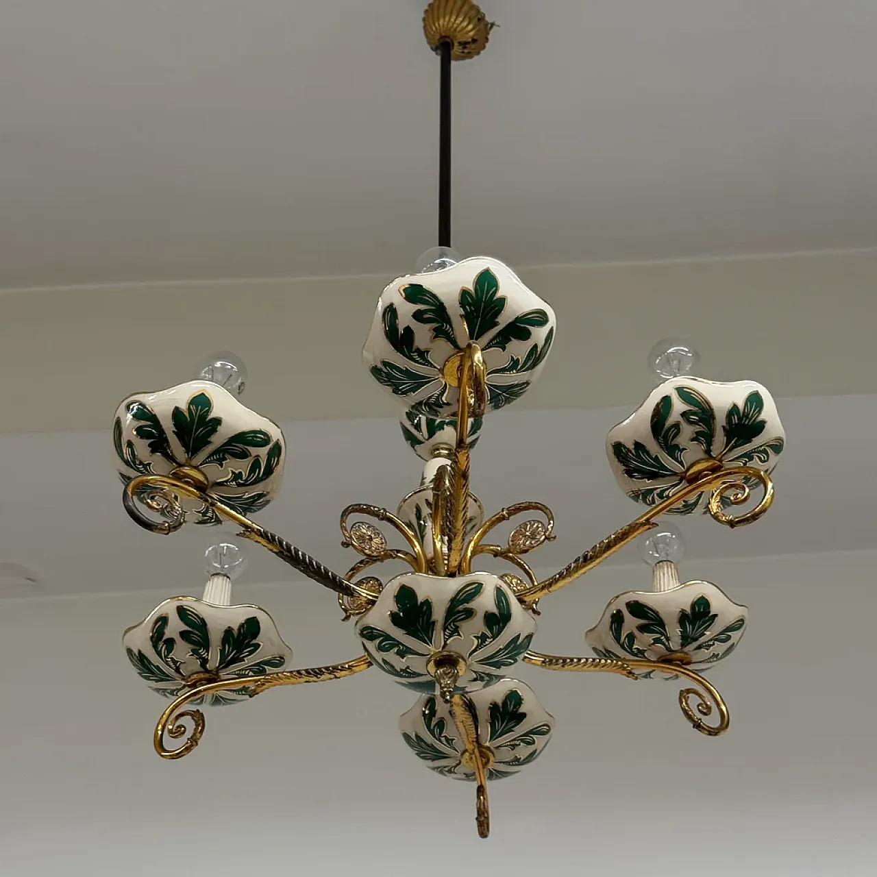 Floral ceramic and brass chandelier, 1950s 3