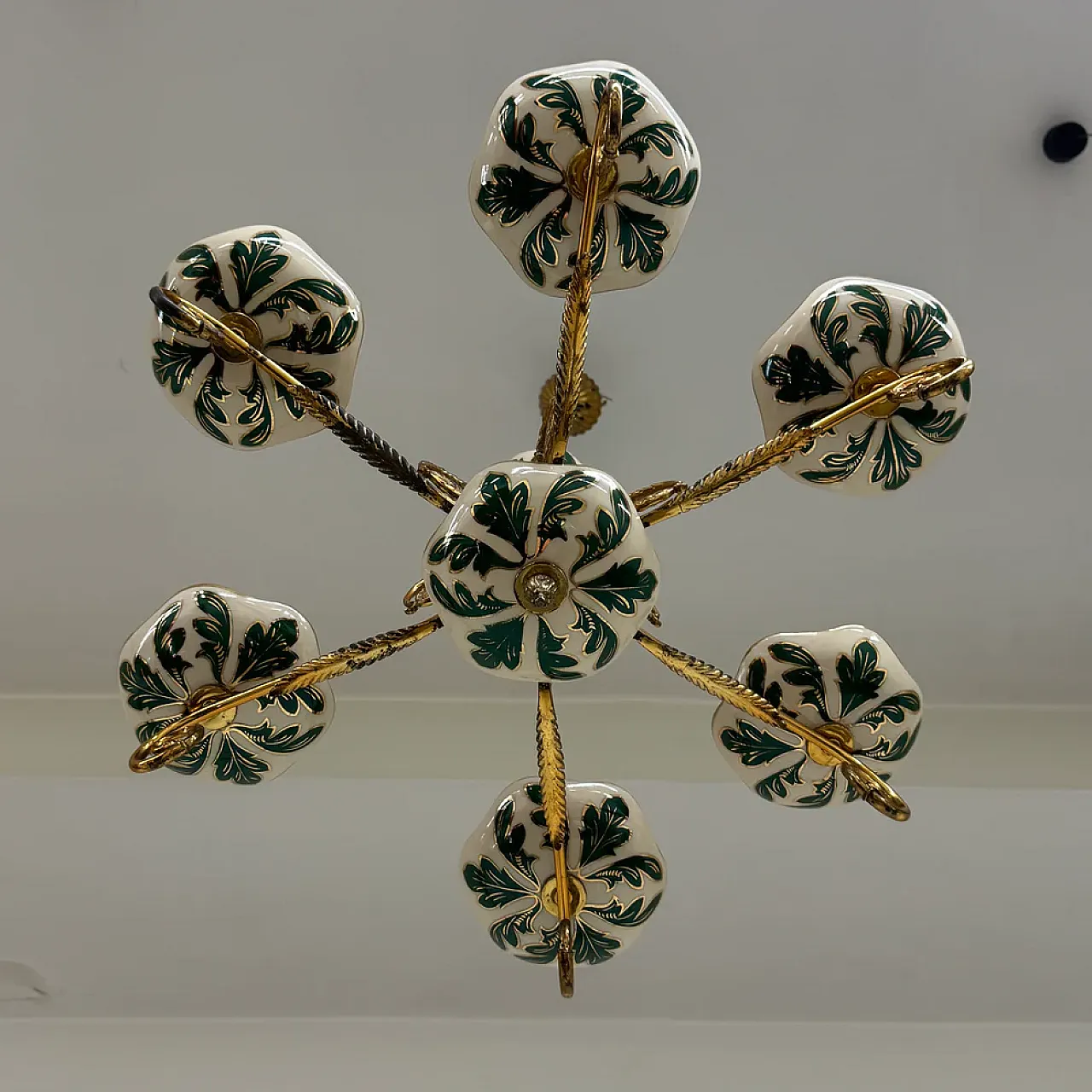 Floral ceramic and brass chandelier, 1950s 4