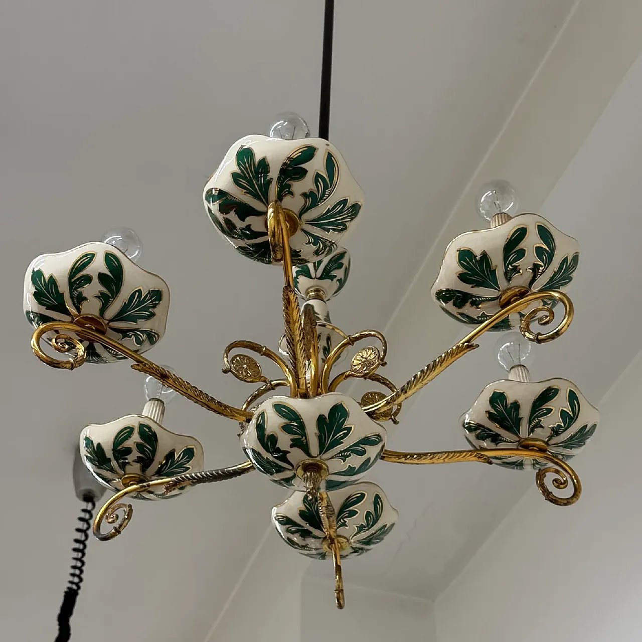 Floral ceramic and brass chandelier, 1950s 5