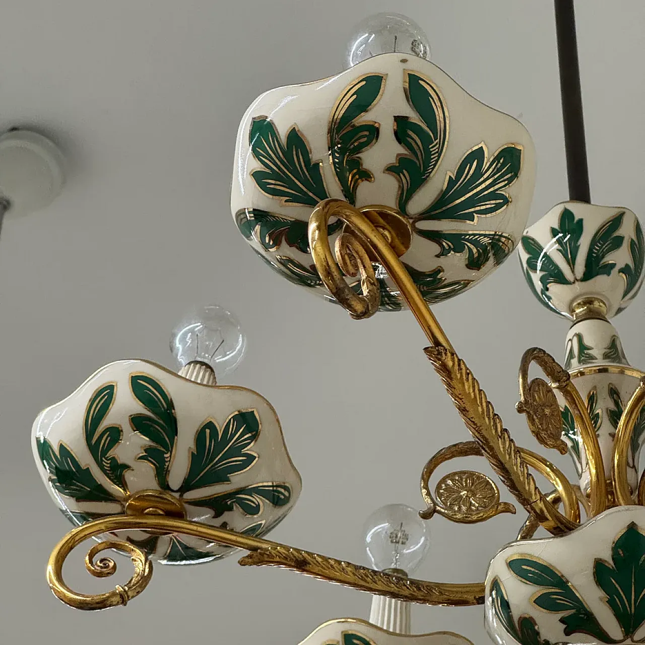 Floral ceramic and brass chandelier, 1950s 6