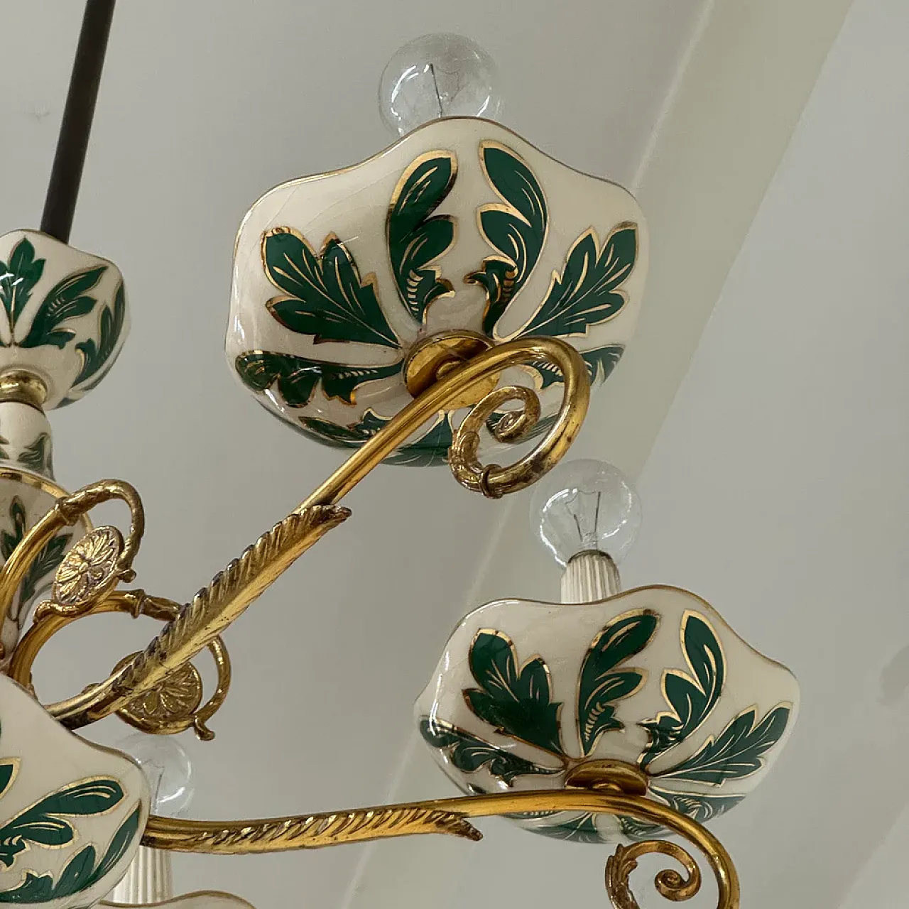 Floral ceramic and brass chandelier, 1950s 7
