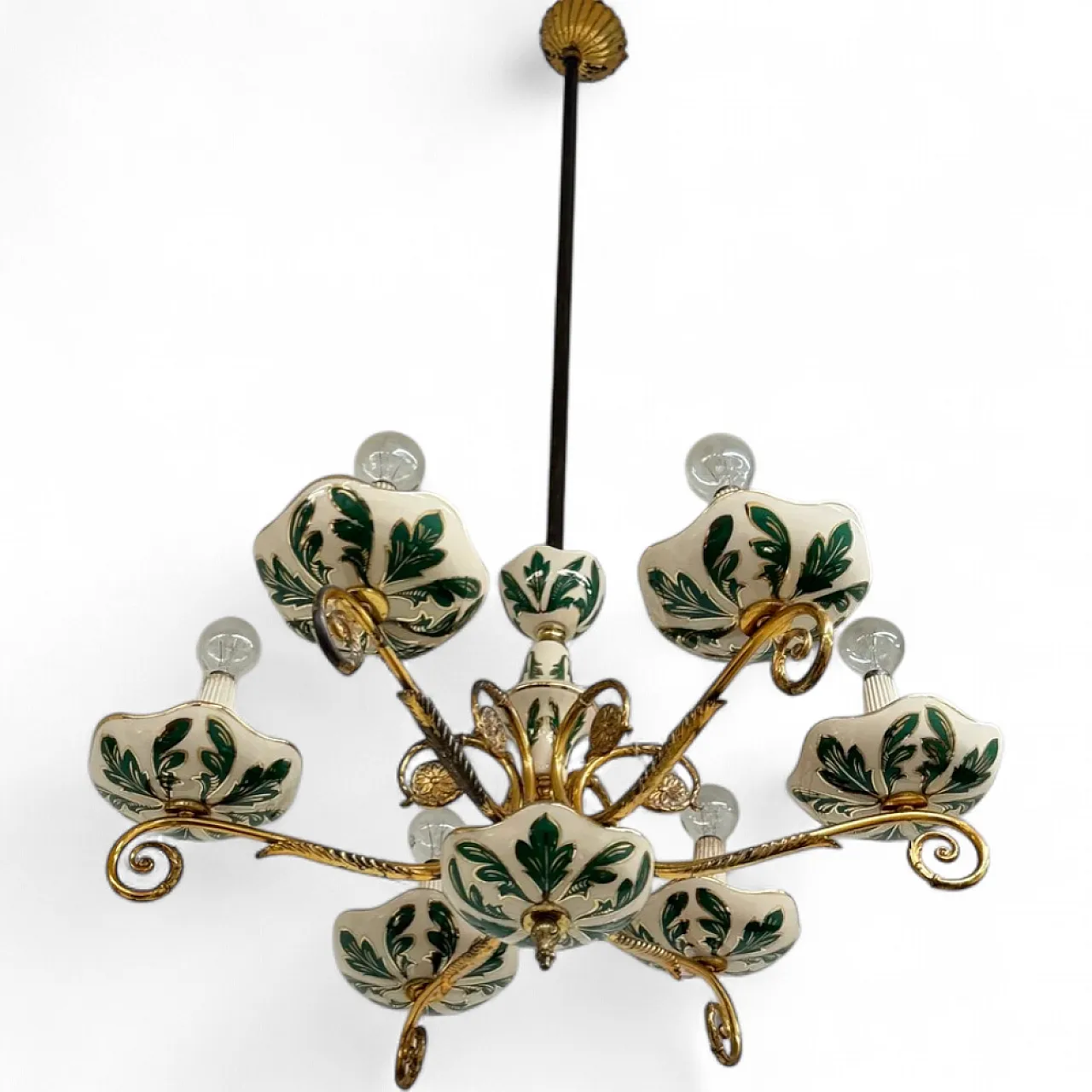 Floral ceramic and brass chandelier, 1950s 8