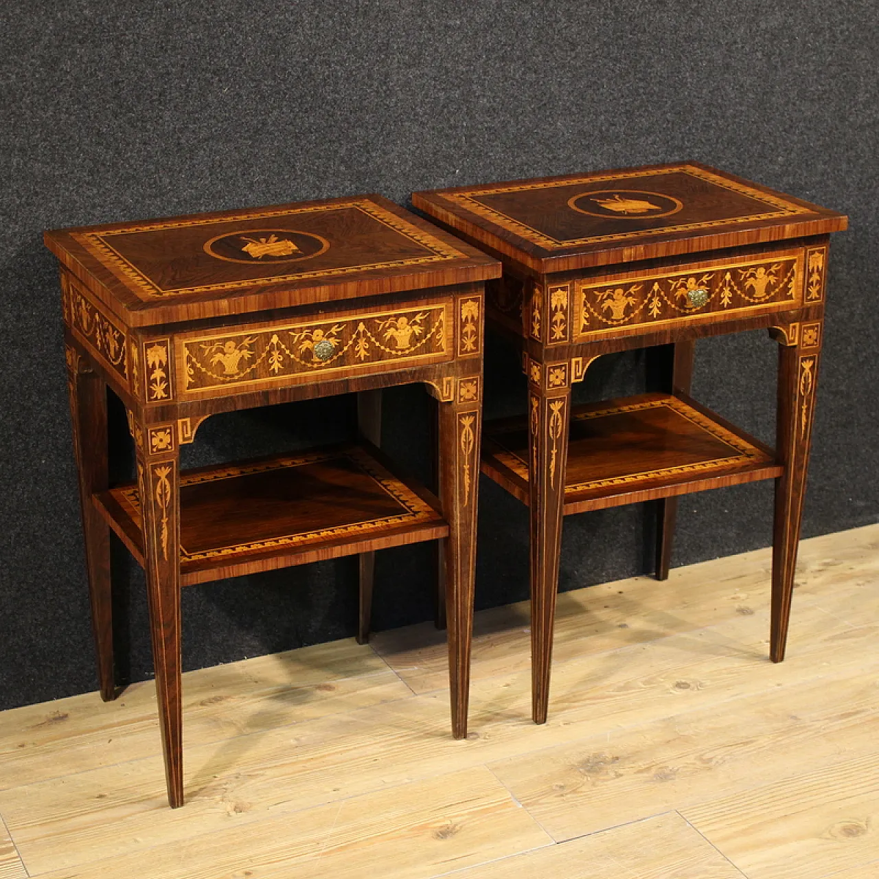 Pair of Louis XVI style inlaid bedside tables, 20th century 1