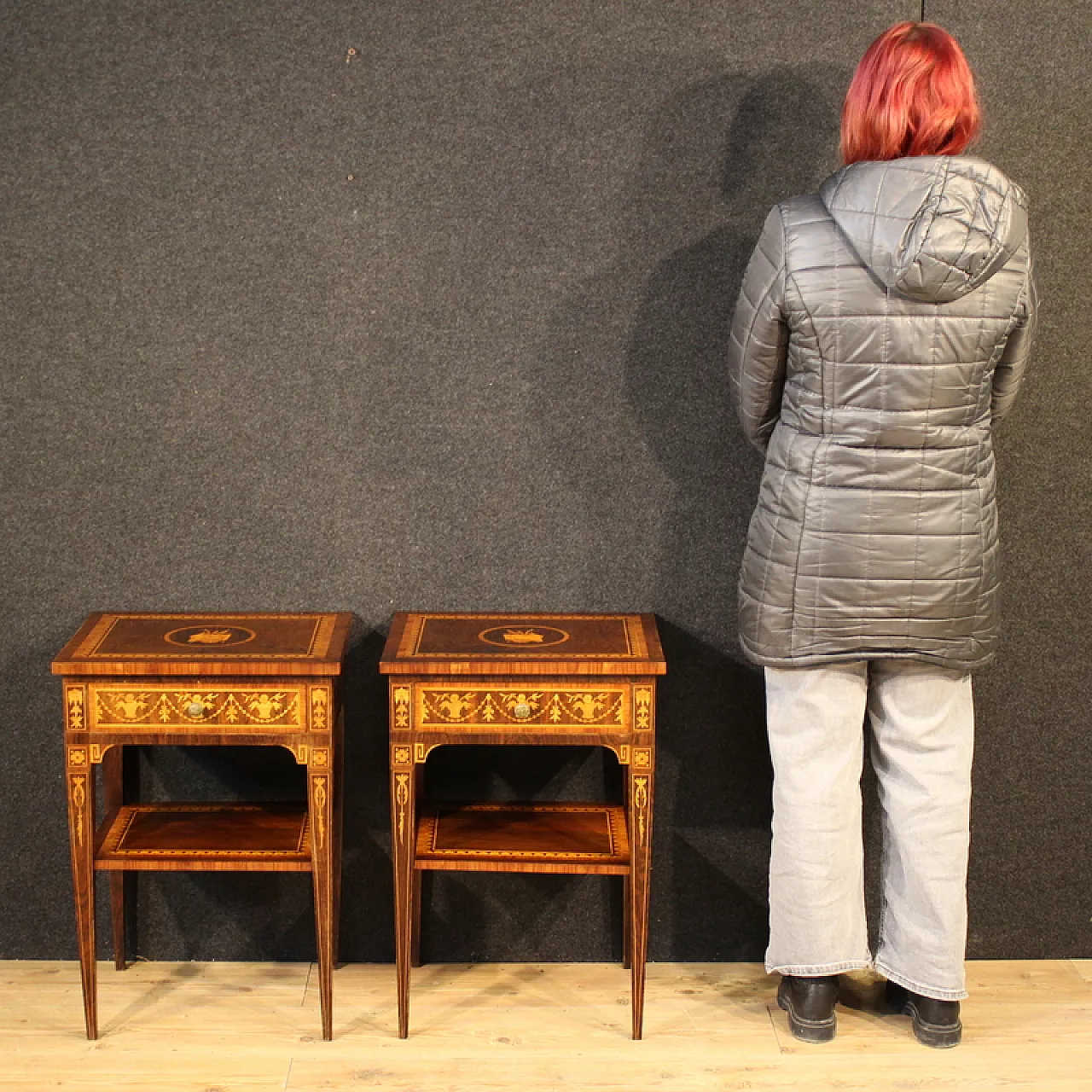Pair of Louis XVI style inlaid bedside tables, 20th century 2