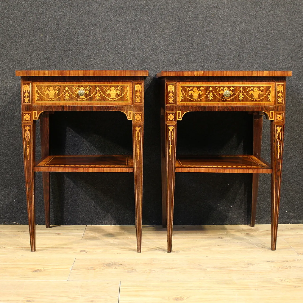 Pair of Louis XVI style inlaid bedside tables, 20th century 6