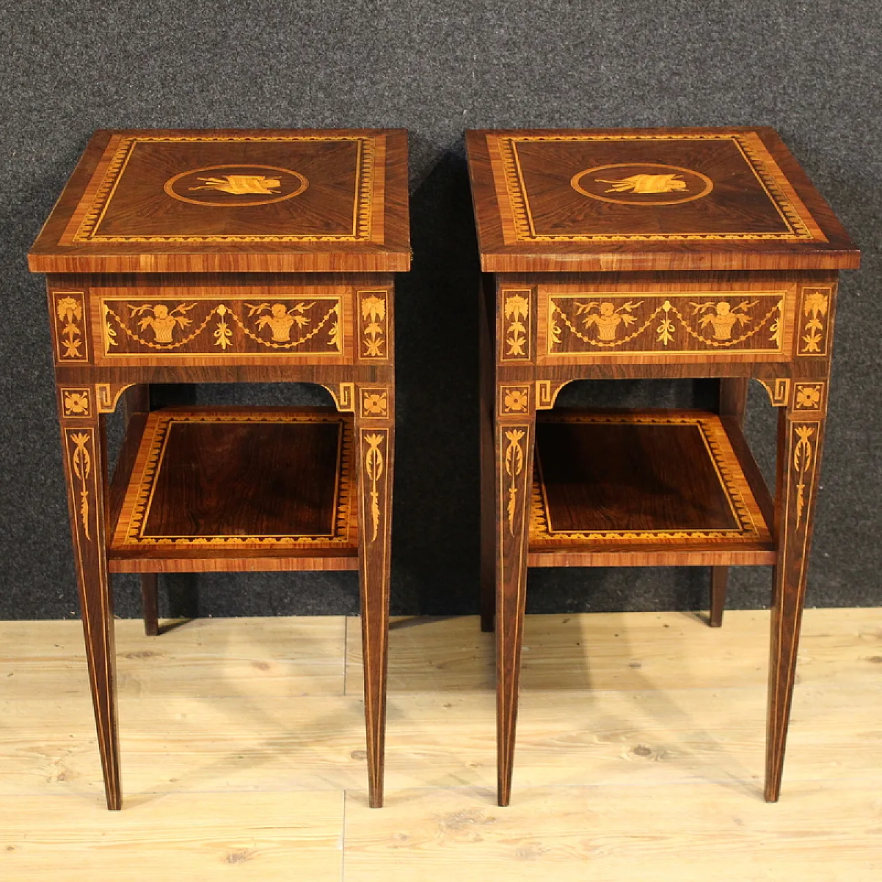 Pair of Louis XVI style inlaid bedside tables, 20th century 7