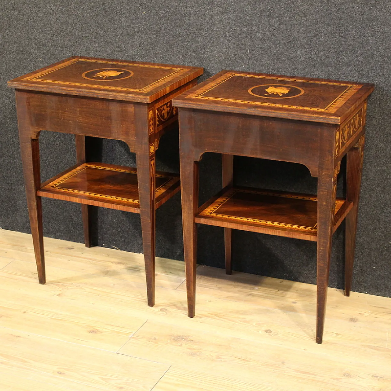 Pair of Louis XVI style inlaid bedside tables, 20th century 8
