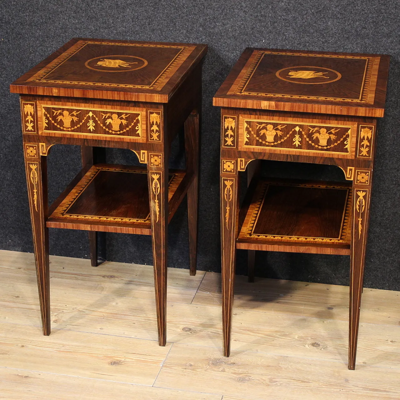Pair of Louis XVI style inlaid bedside tables, 20th century 9