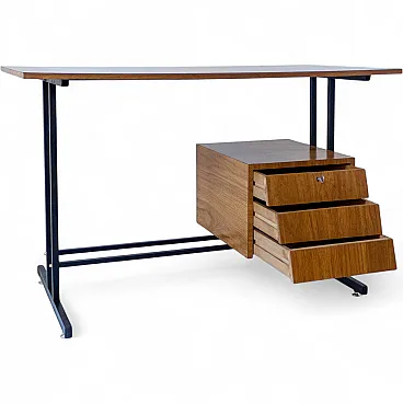 Scrivania vintage in metallo con piano e cassetti in legno, anni '60