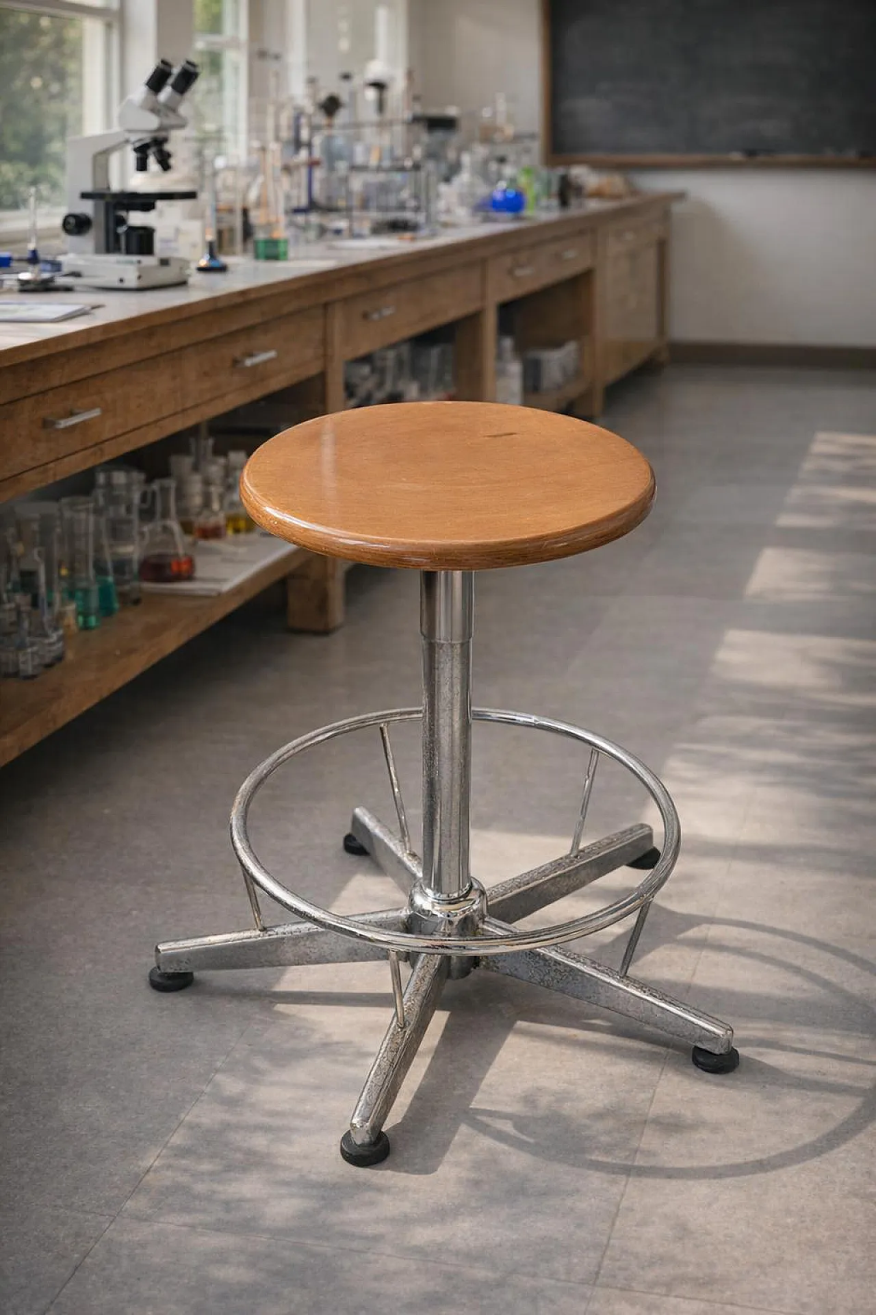 Industrial technical stool in wood and metal, 1970s 2