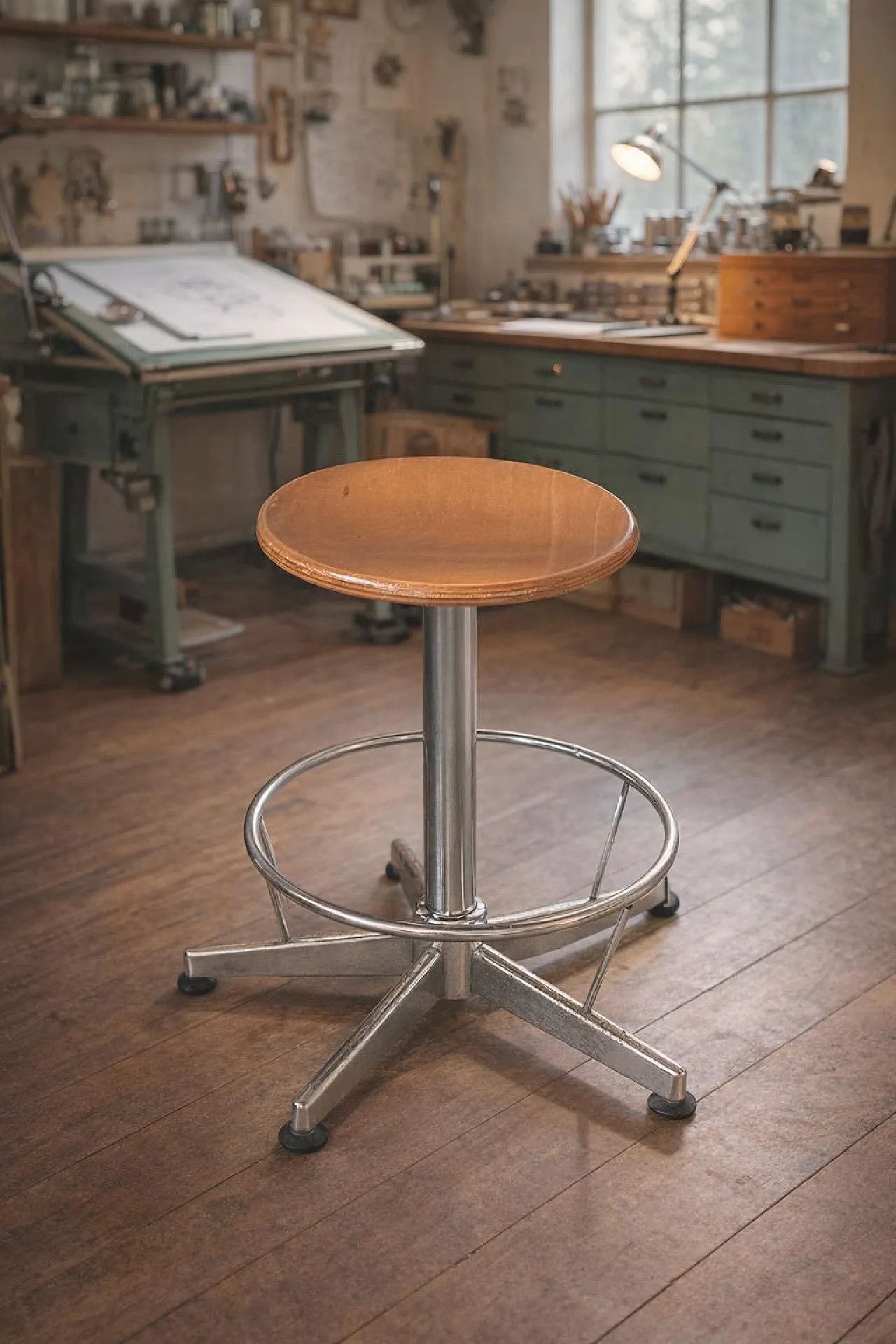 Industrial technical stool in wood and metal, 1970s 3