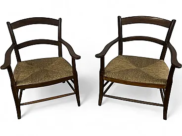 Coppia di poltrone Fireplace in legno e paglia, anni '40