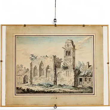 Acquarello e inchiostro su carta con cornice, '700