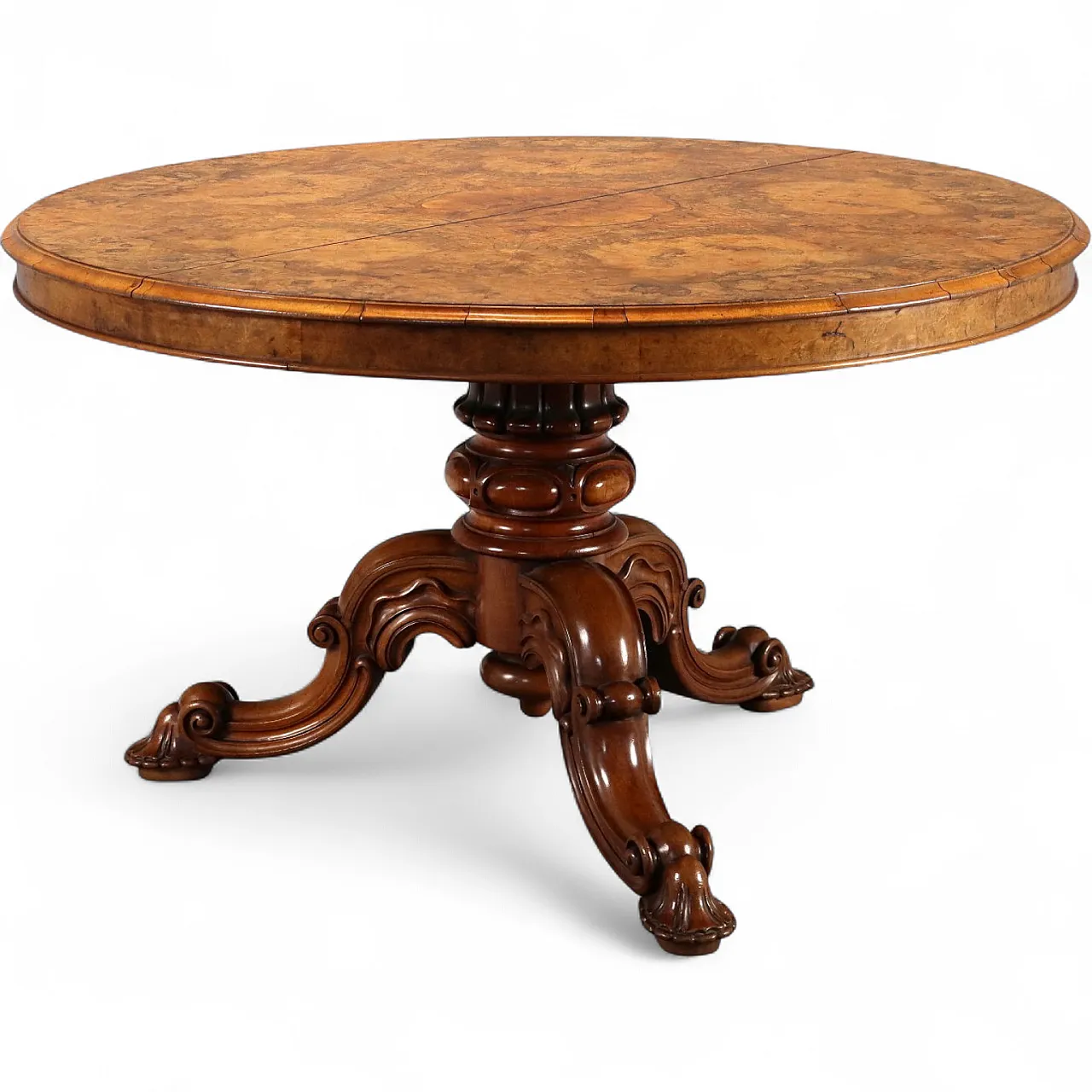 Tavolo in noce con piano impiallacciato in radica di noce, tardo '800 11